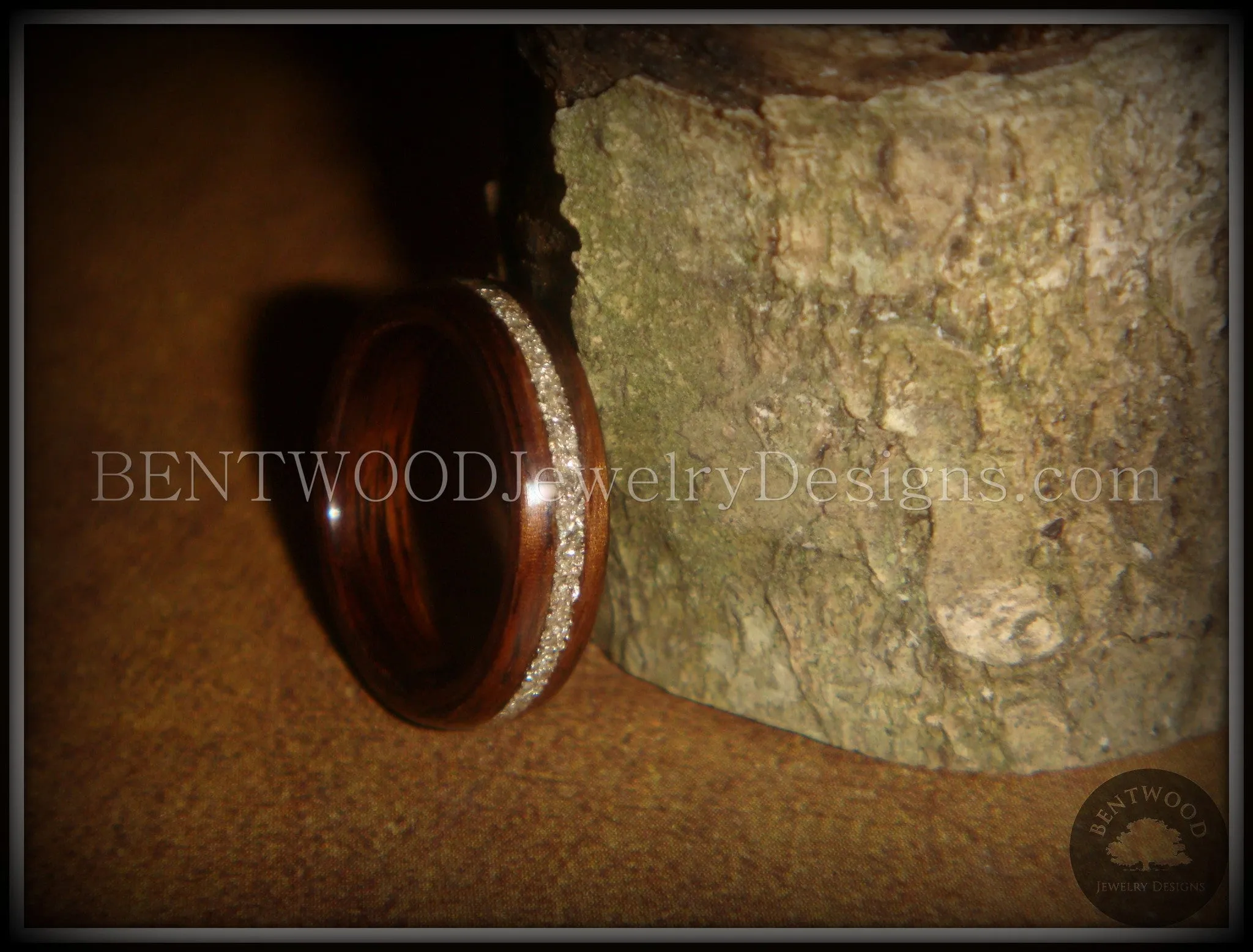 Bentwood Ring - Rosewood Wooden Ring with Silver Glass Inlay