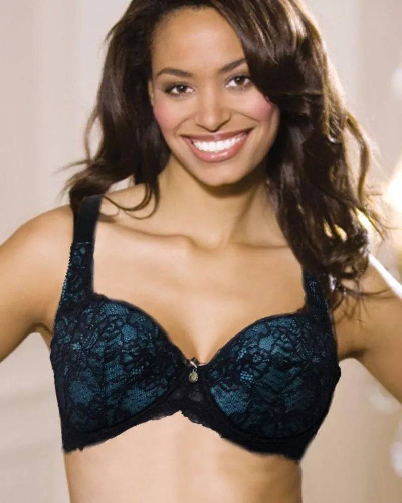 Black & Sky Blue Embroidered Net Bra - Single Padded Underwired Bra