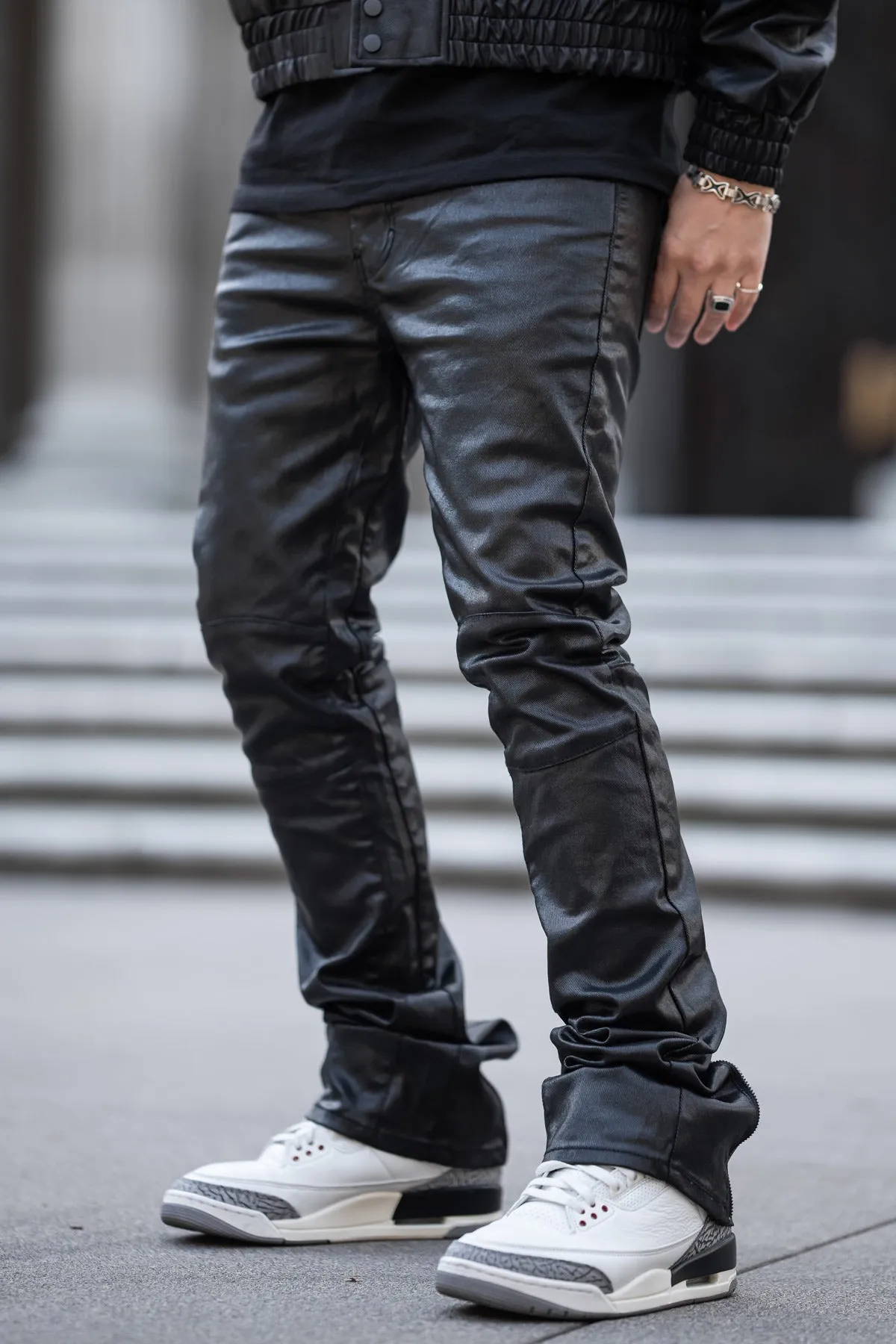 Black Skinny Stacked Pants Flared Jeans for Men