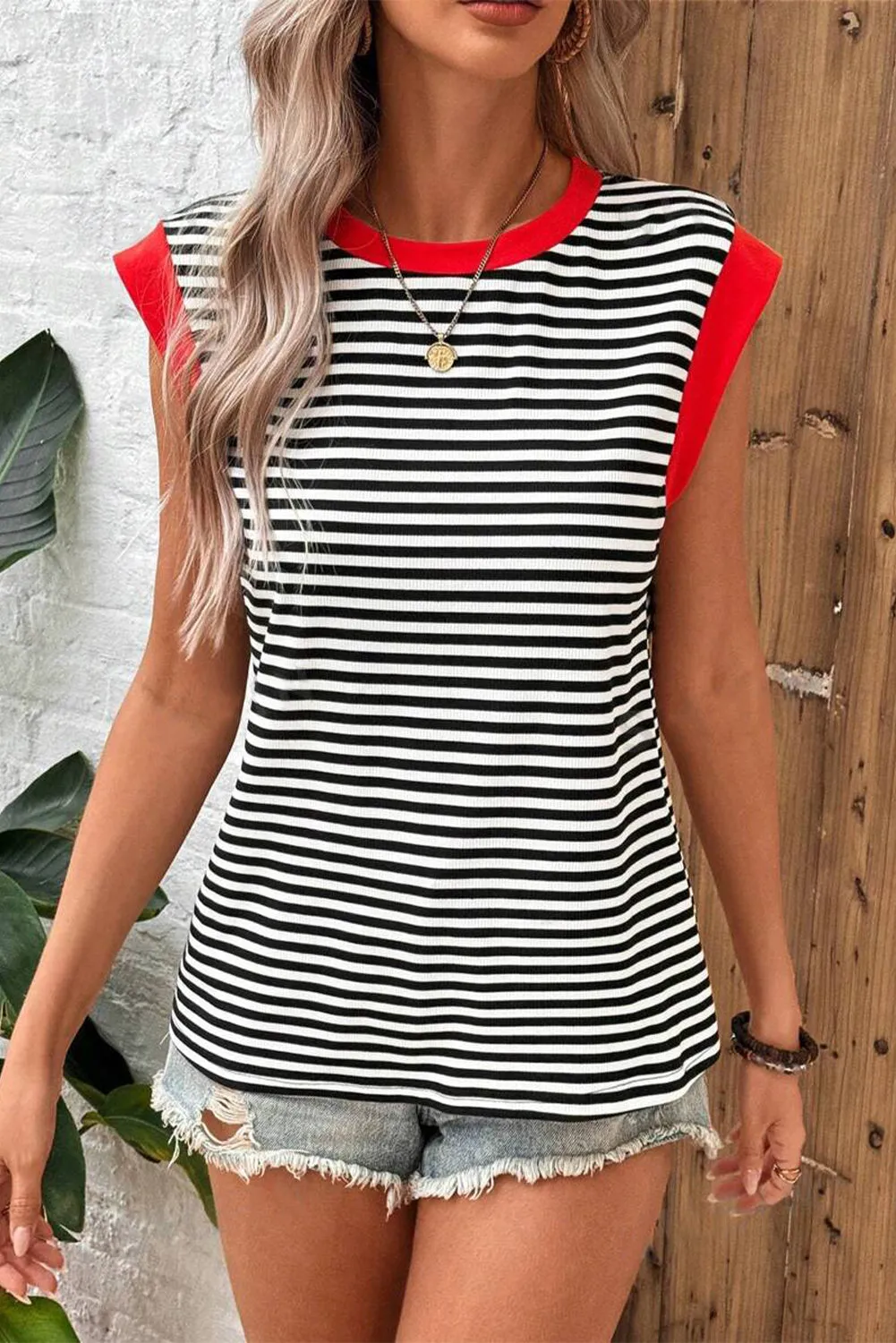 Black Stripe Colorblock Edge Round Neck Top