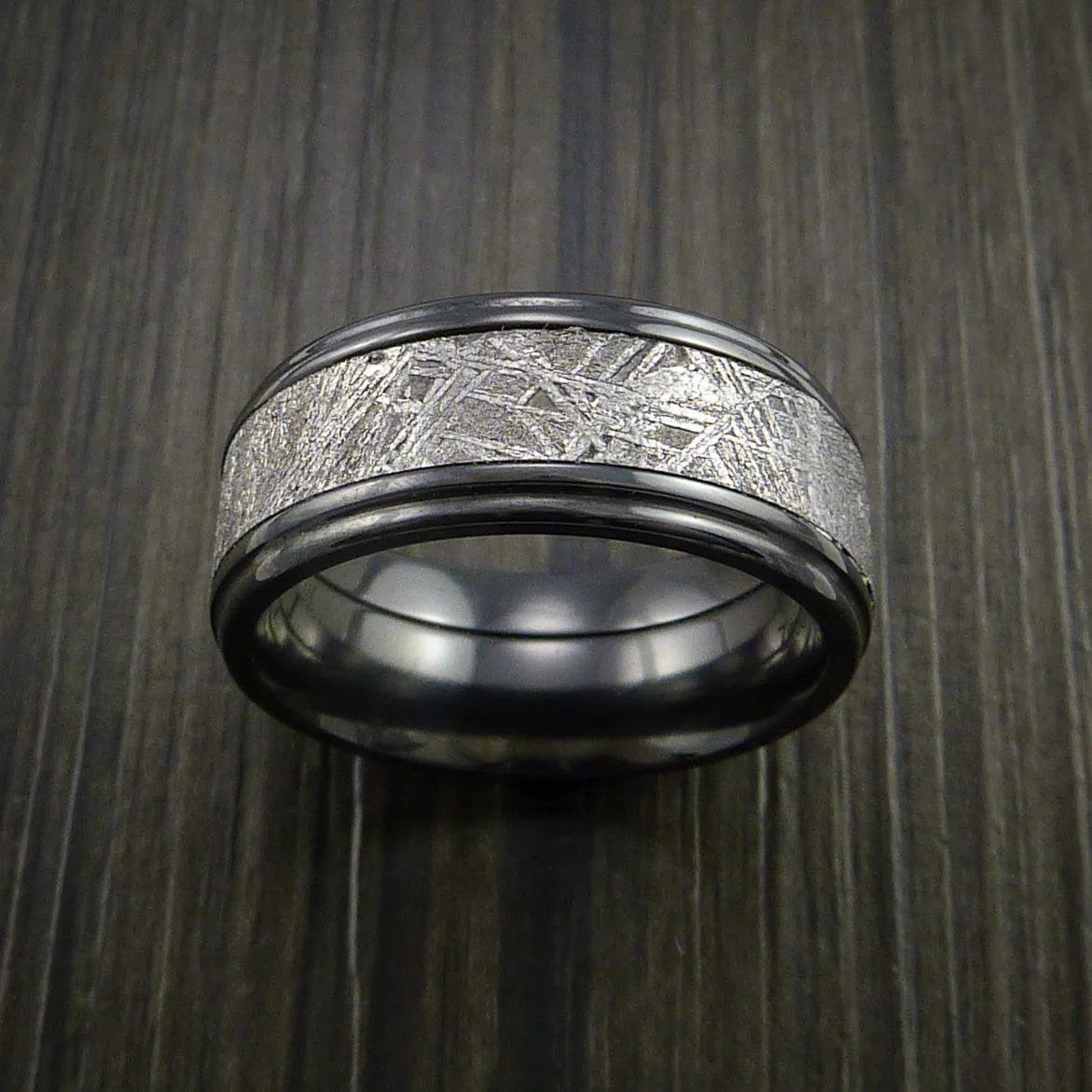 Black Titanium Men's Ring with Gibeon Meteorite Inlay Custom Made Wedding Band