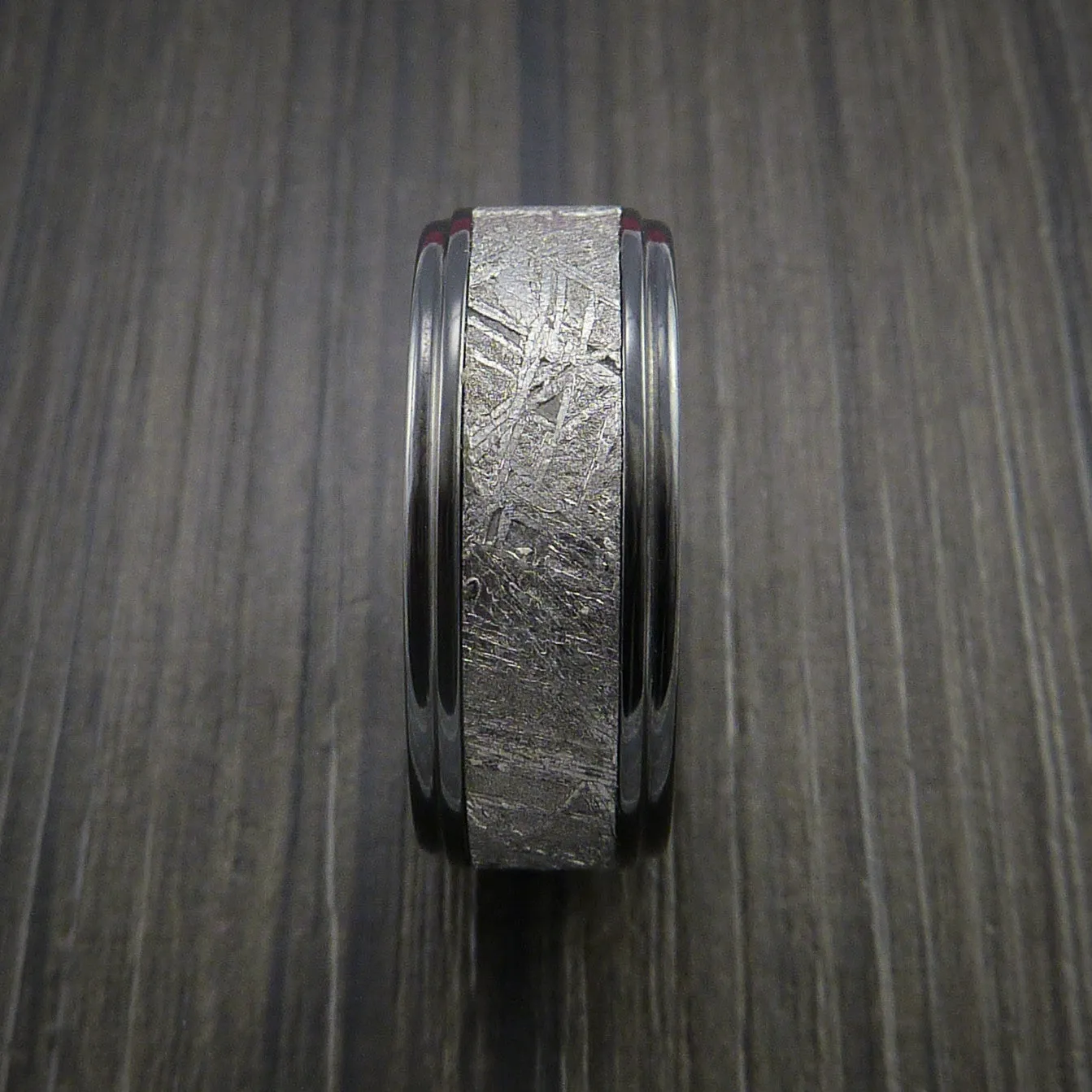 Black Titanium Men's Ring with Gibeon Meteorite Inlay Custom Made Wedding Band