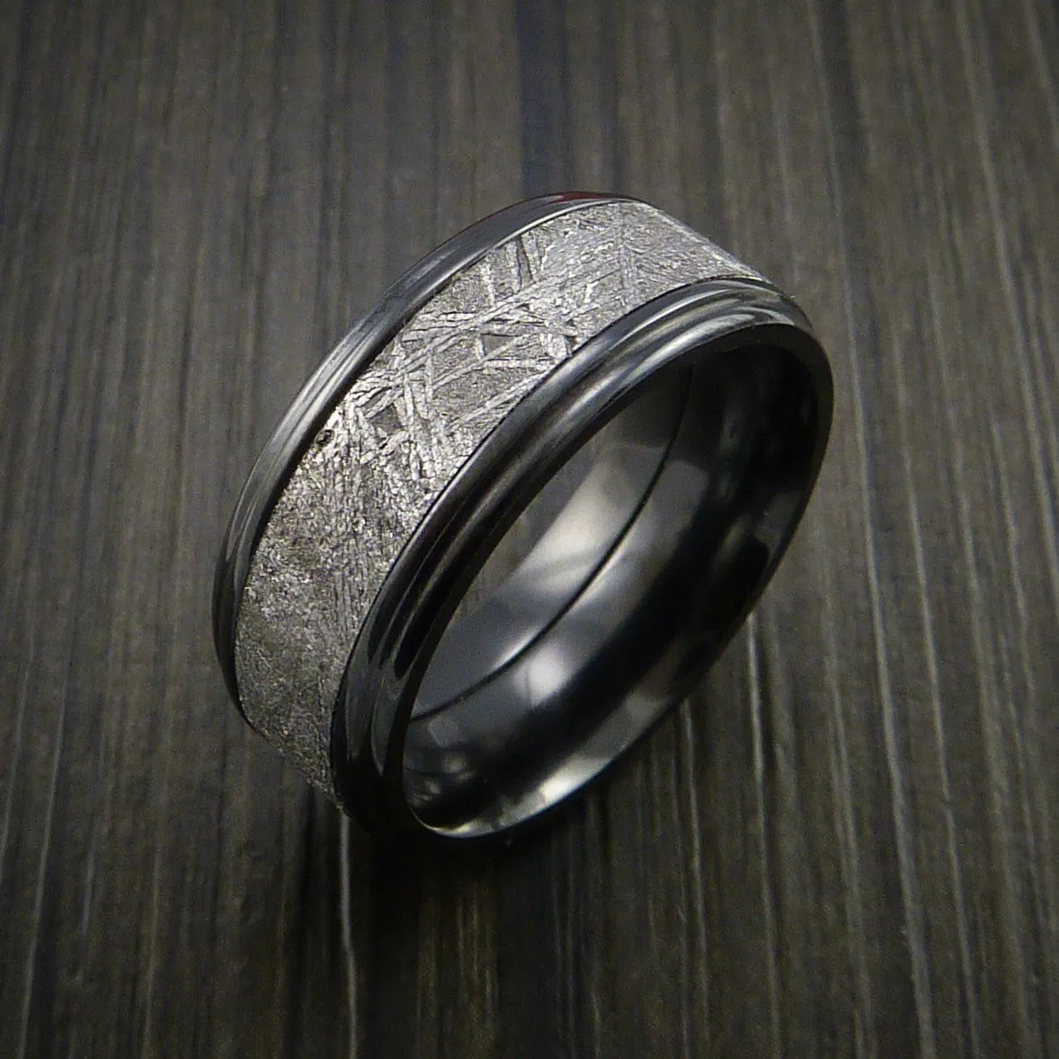 Black Titanium Men's Ring with Gibeon Meteorite Inlay Custom Made Wedding Band