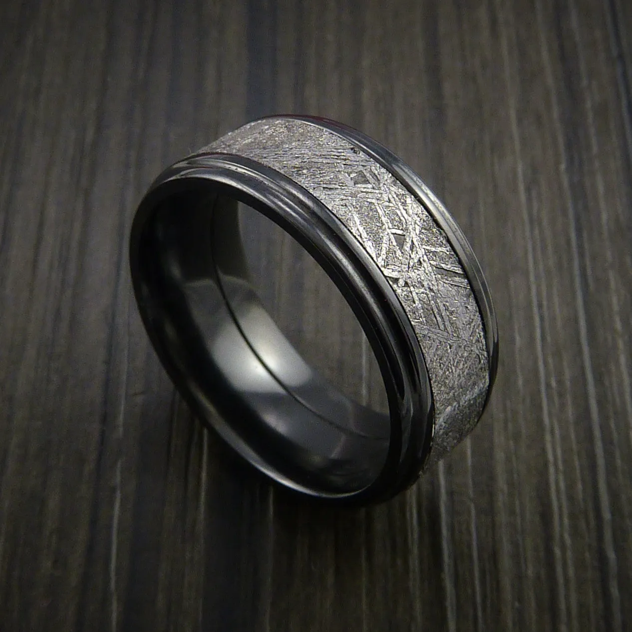 Black Titanium Men's Ring with Gibeon Meteorite Inlay Custom Made Wedding Band