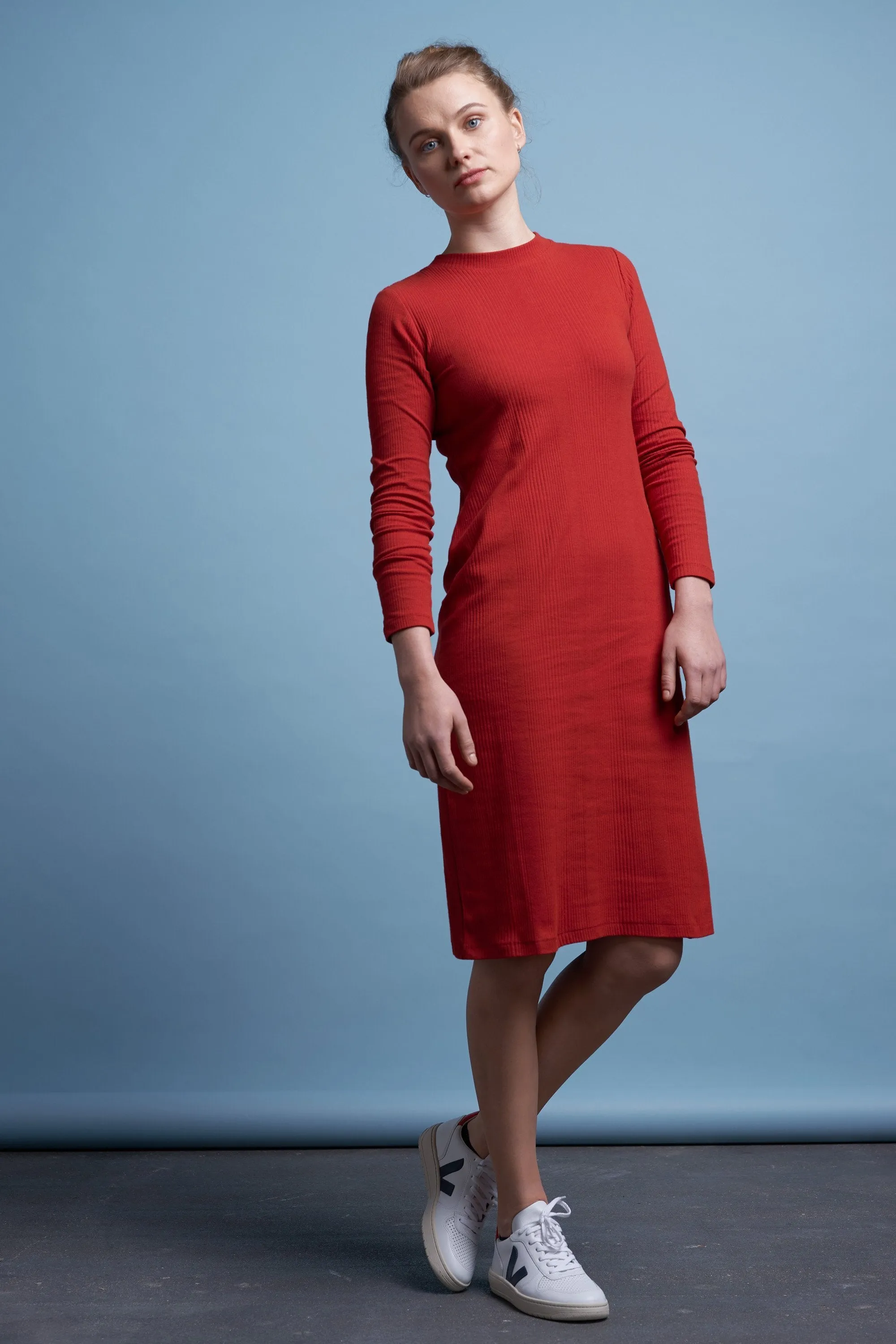 building block ladder rib long sleeve dress red <br> by Kowtow