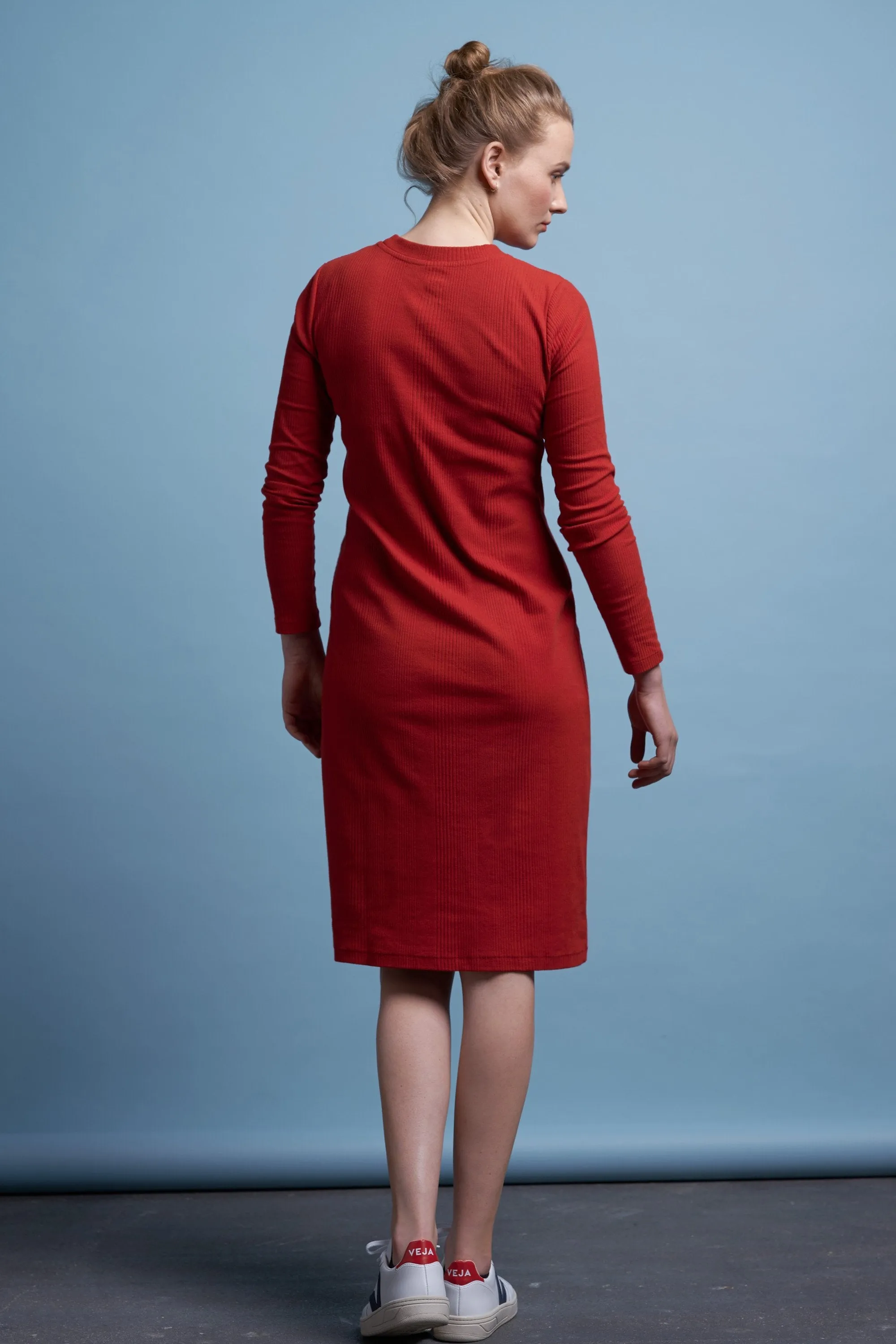 building block ladder rib long sleeve dress red <br> by Kowtow