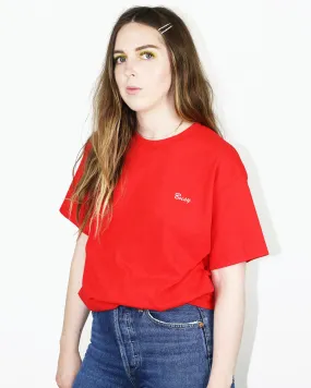 Busy Tee – White on Red Embroidery