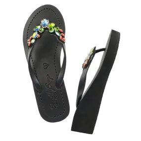 Cactus - Rhine Stone Embroidered Mid Wedge Flip Flops Sandal