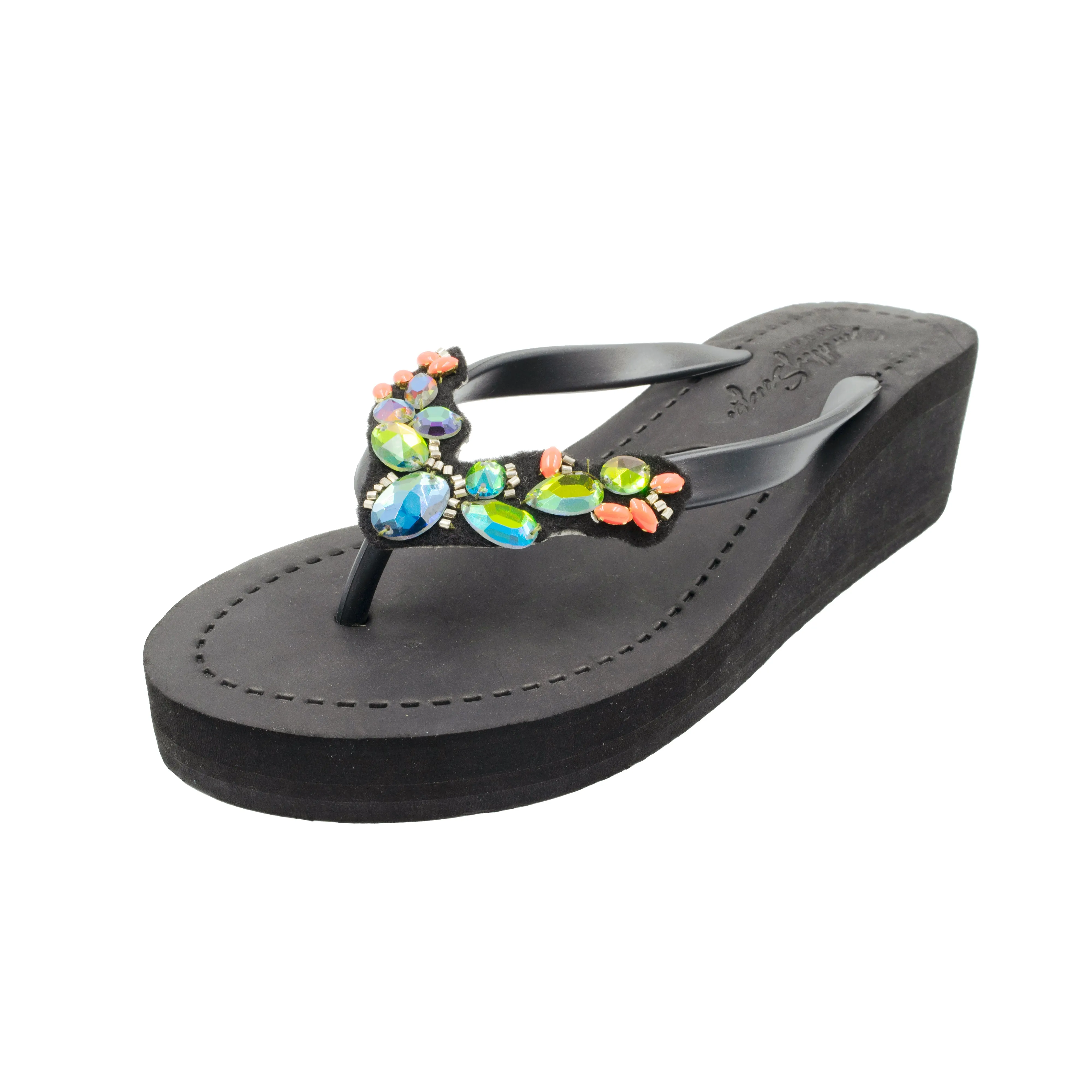 Cactus - Rhine Stone Embroidered Mid Wedge Flip Flops Sandal