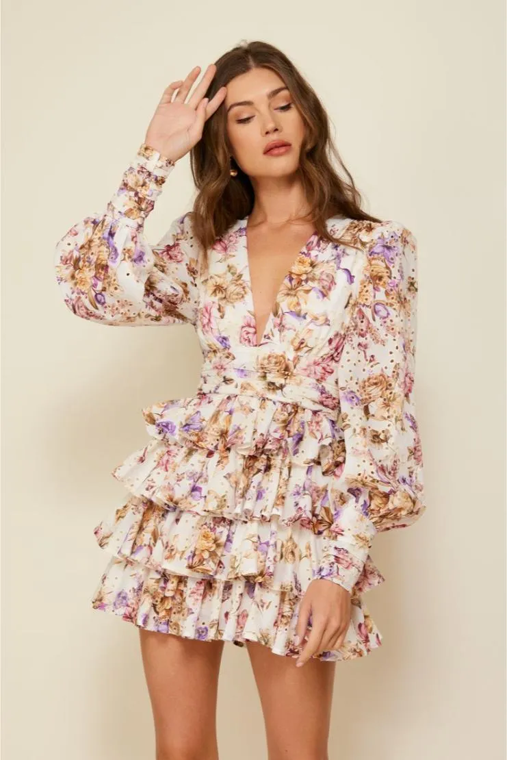 Delilah Eyelet Ruffled Mini Dress - Floral Print