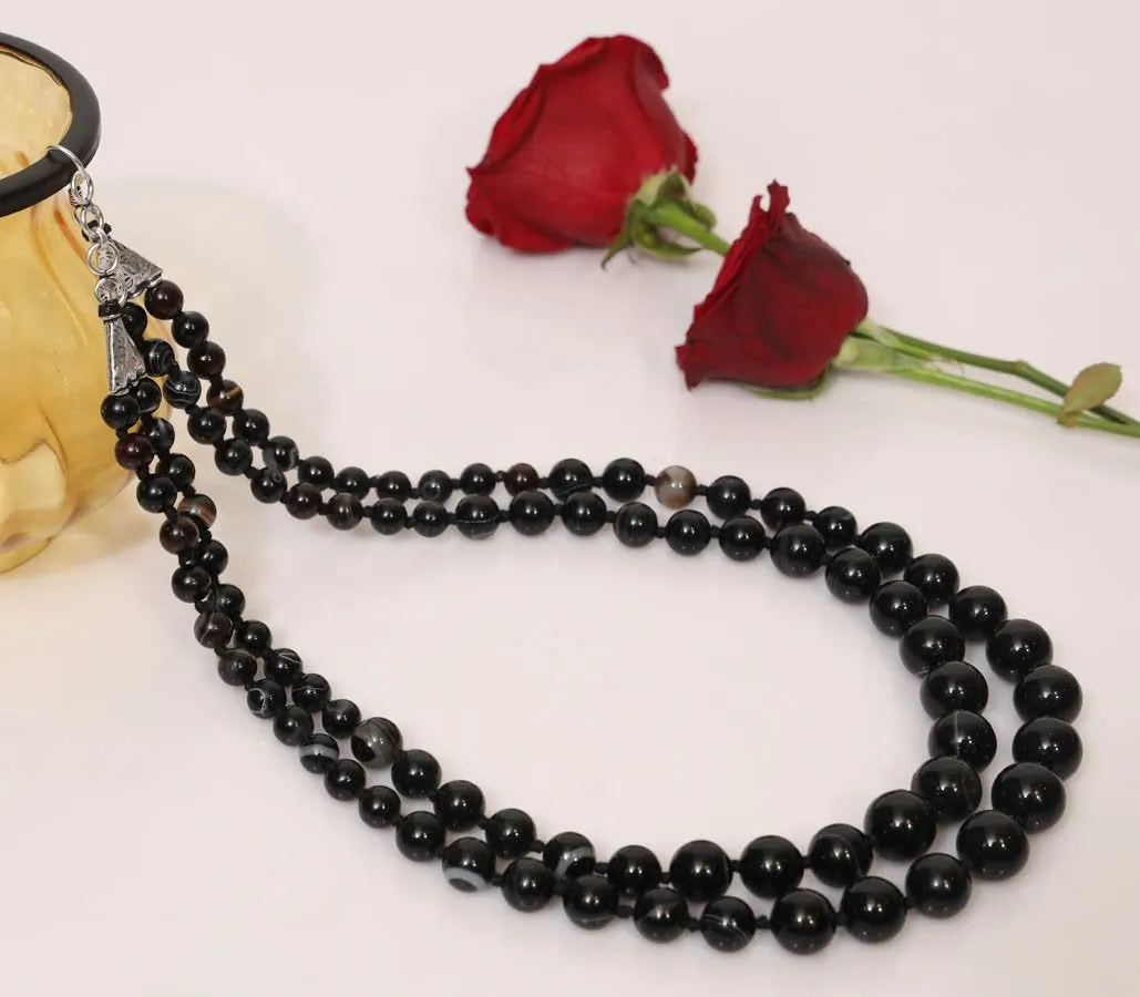 Imeora Knotted Black Agate Graduation Double Line Necklace With 8mm Earrings