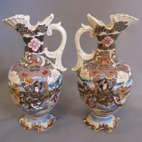 Large Pair Of Satsuma Ware Jug Antique 19th Century