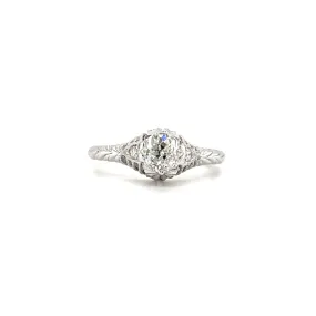 Old Mine-Cut Diamond Ring with Two Side Diamonds in 14K White Gold