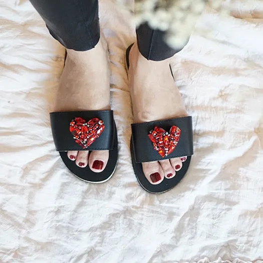 Red Heart - Rhinestone embellished Sandals for women_Waterproof Espadrille Flat