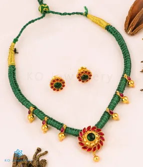 The Aamod Silver Ornate Kempu Necklace (Green)