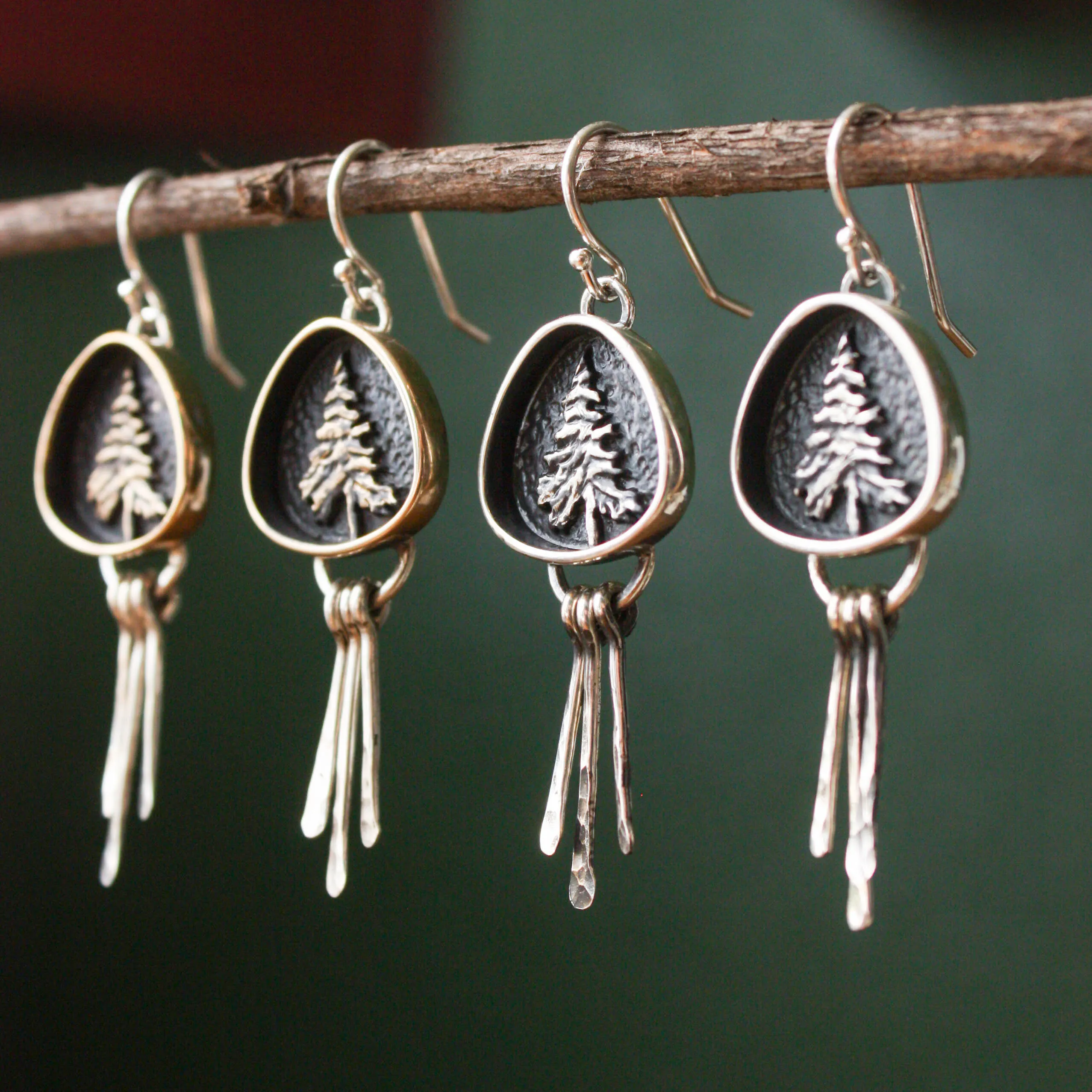 Trillion Lone Pine Standard Earrings with Fringe - Silver & Bronze