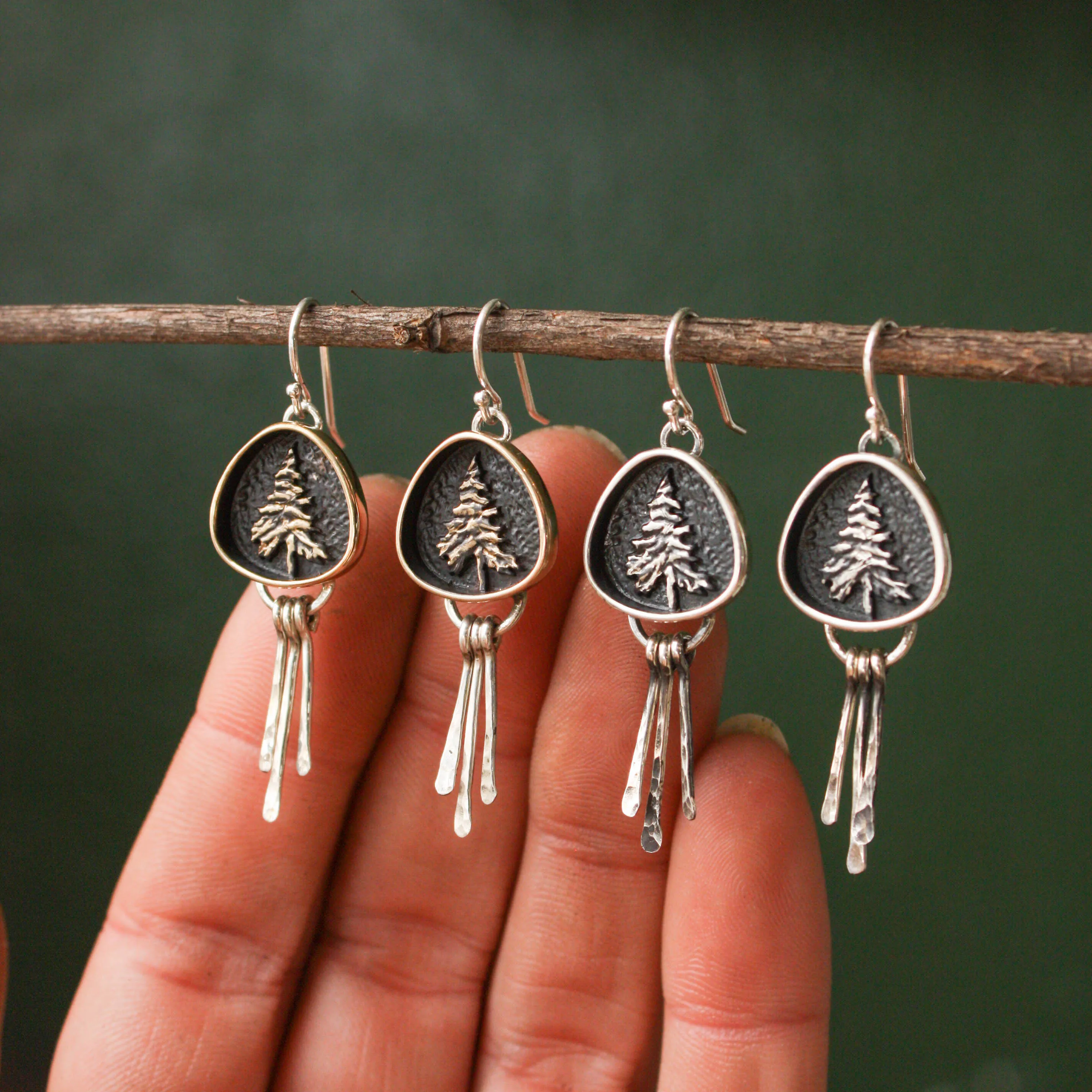 Trillion Lone Pine Standard Earrings with Fringe - Silver & Bronze